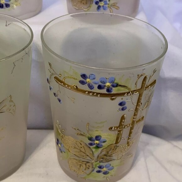 Frosted Glass Painted Juice Glasses with Flowers on a Trellis Vintage Set of 6 - Picture 7 of 12